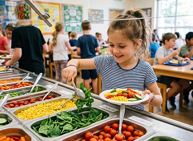 Geneth ifanc yn dewis llysiau iach yn hapus o far salad mewn ysgol