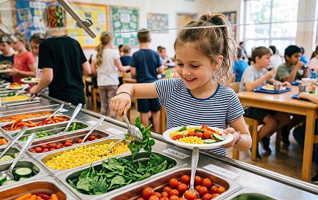 Geneth ifanc yn dewis llysiau iach yn hapus o ffreutur ysgol