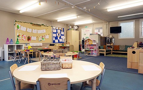 Ystafell ddosbarth blynyddoedd cynnar gyda byrddau gweithgaredd ac ardaloedd dysgu.